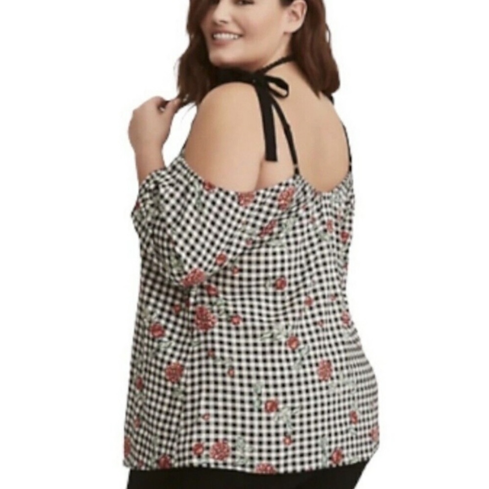 < NWT Torrid Floral Gingham Cold Shoulder Blouse > - Picture 5 of 5